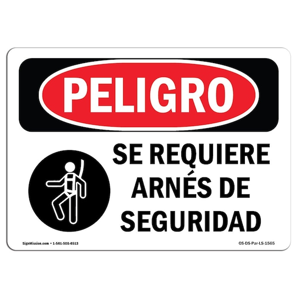 OSHA, Harness Required Spanish, 18in X 12in Rigid Plastic, 18" W, 12" H, Harness Required Spanish